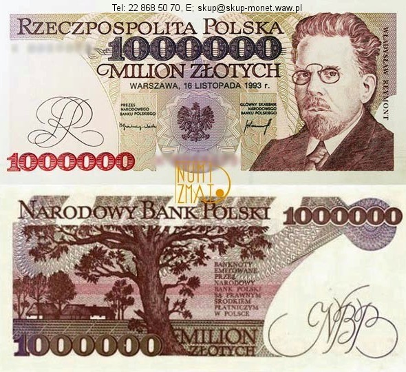 Warszawa – Banknot 1000000 zł 1993 SERIA A, REYMONT milion złotych UNC