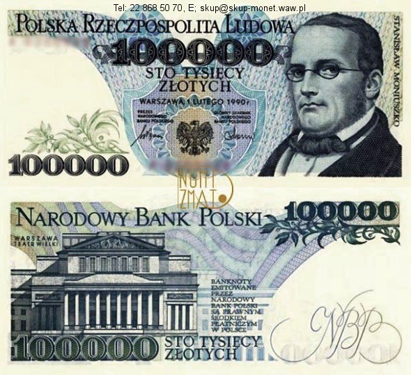 Warszawa – Banknot 100000 zł 1990 SERIA T, MONIUSZKO sto tysięcy złotych UNC