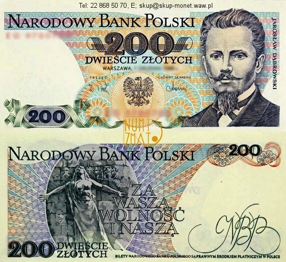 Warszawa – Banknot 200 zł 1988 SERIA EF, DĄBROWSKI dwieście złotych UNC