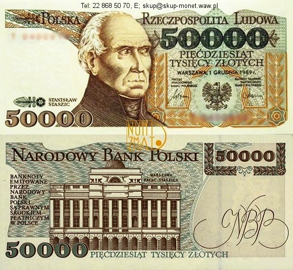 Warszawa – Banknot 50000 zł 1989 SERIA BB, STASZIC pięćdziesiąt tysięcy złotych UNC