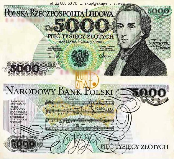 Warszawa – Banknot 5000 zł 1982 SERIA S, CHOPIN pięć tysięcy złotych UNC