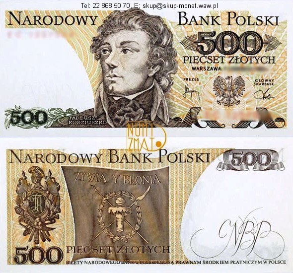 Warszawa – Banknot 500 zł 1979 SERIA BE, KOŚCIUSZKO pięćset złotych UNC